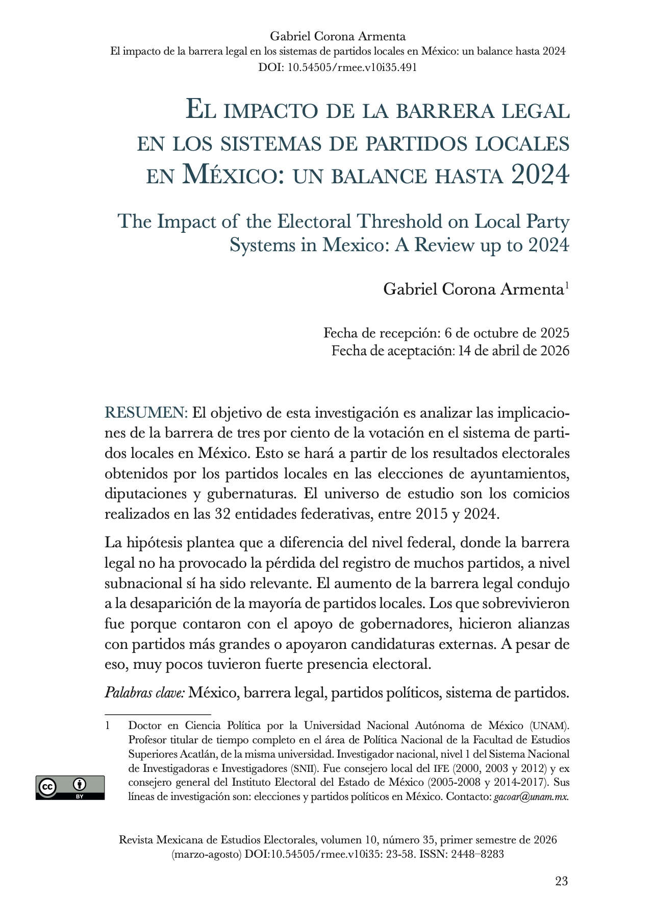 Artículo "El impacto de la barrera legal en los sistemas de partidos locales en México: un balance hasta 2024", Gabriel Corona Armenta, RMEE
